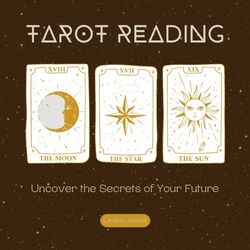 A square sized banner with 3 tarot card illustration with the advertising for the tarot card at the Edmonton Witchery Market
